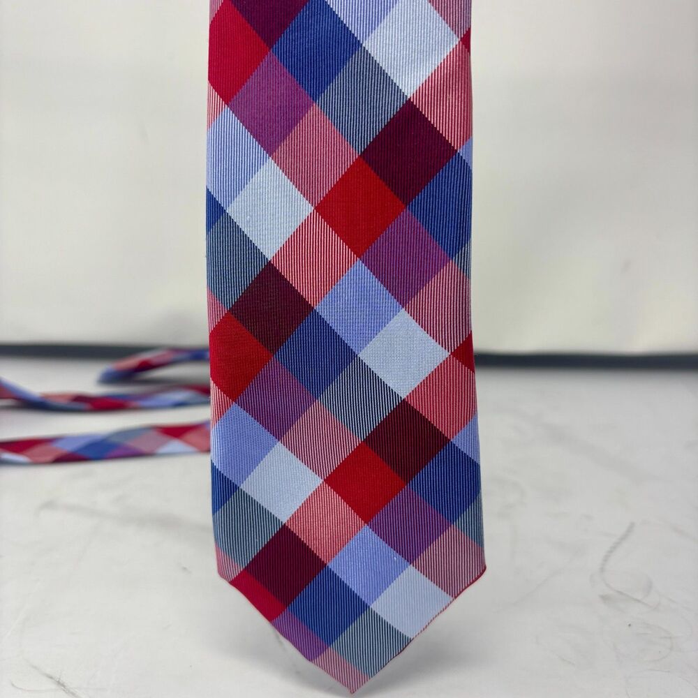 Tommy Hilfiger Men's 100% Silk Tie Red and Blue Plaid Checkered 3x59